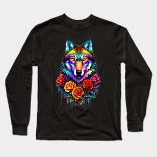 colorful wolf with flowers Long Sleeve T-Shirt